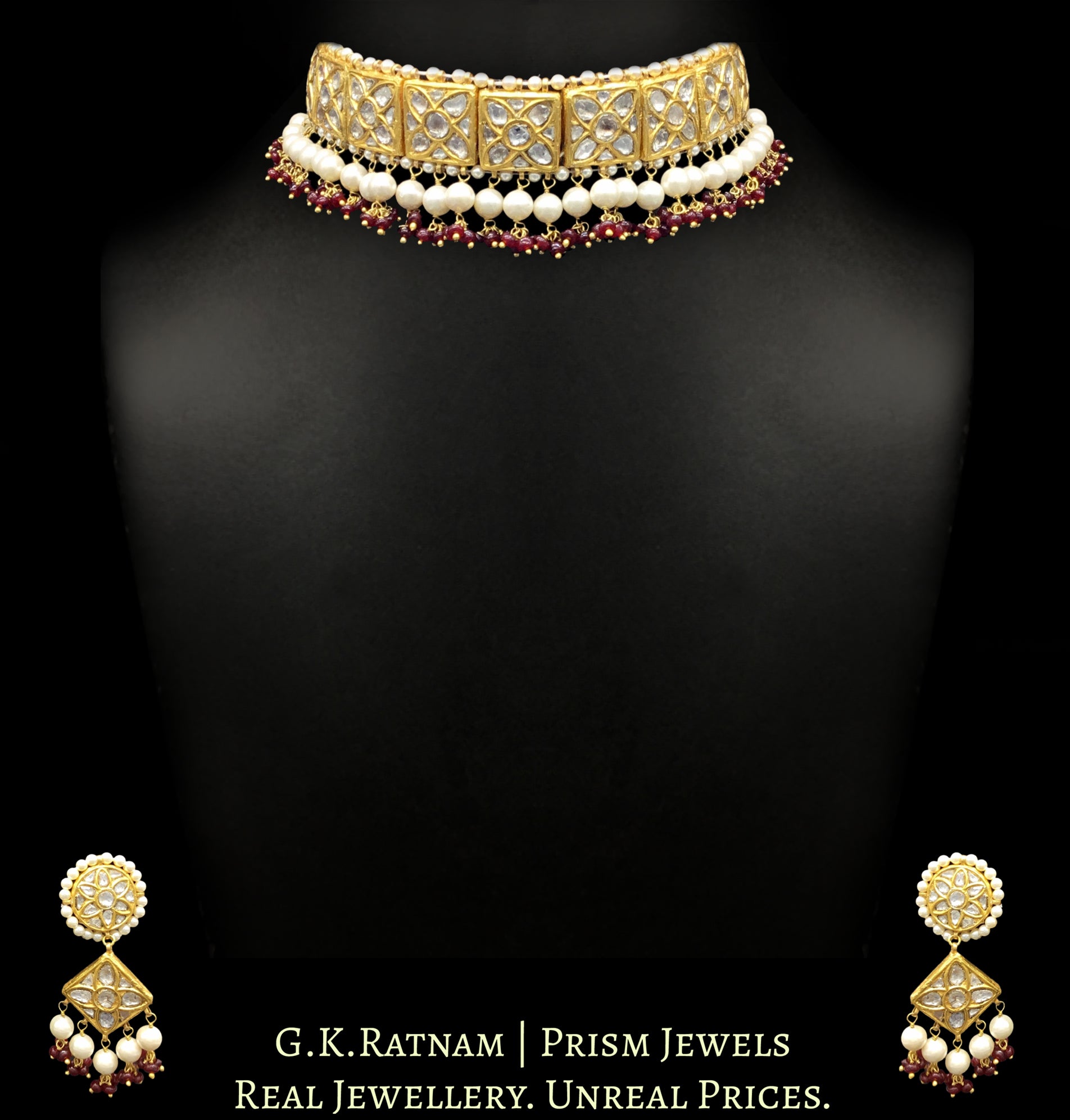 23k Gold and Diamond Polki Choker Necklace Set with Pearls and Rubies - G. K. Ratnam