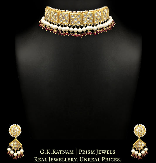 23k Gold and Diamond Polki Choker Necklace Set with Pearls and Rubies - G. K. Ratnam