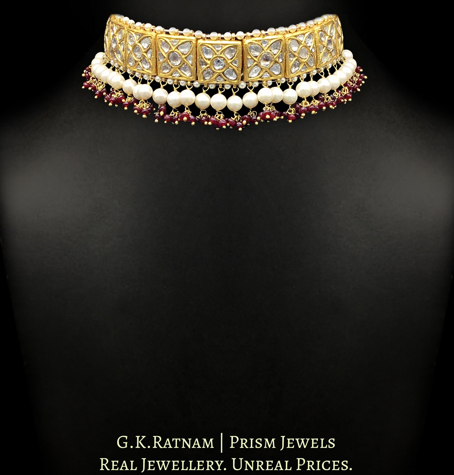 23k Gold and Diamond Polki Choker Necklace Set with Pearls and Rubies - G. K. Ratnam