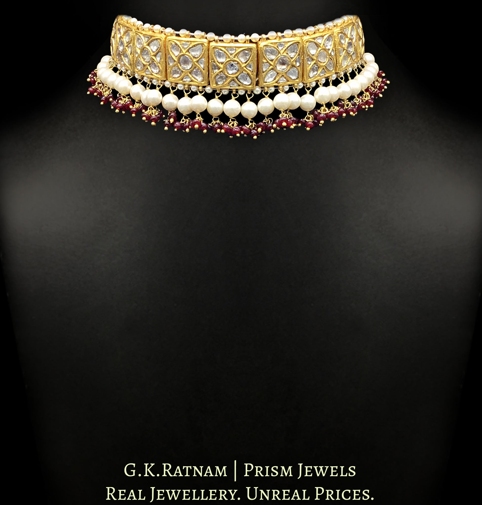 23k Gold and Diamond Polki Choker Necklace Set with Pearls and Rubies - G. K. Ratnam