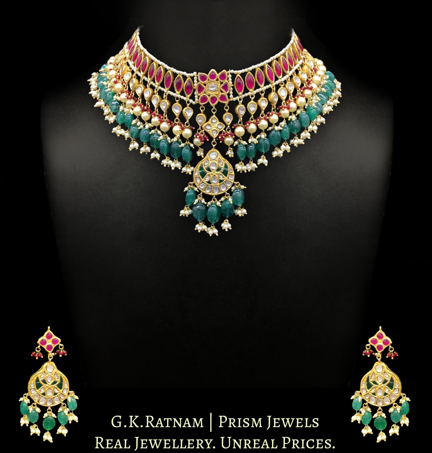 23k Gold and Diamond Polki boat-style Choker Necklace Set with Green Beryls