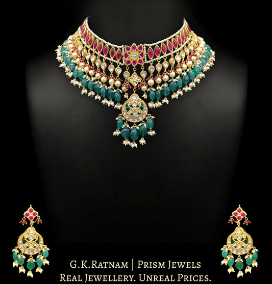 23k Gold and Diamond Polki boat-style Choker Necklace Set with Green Beryls