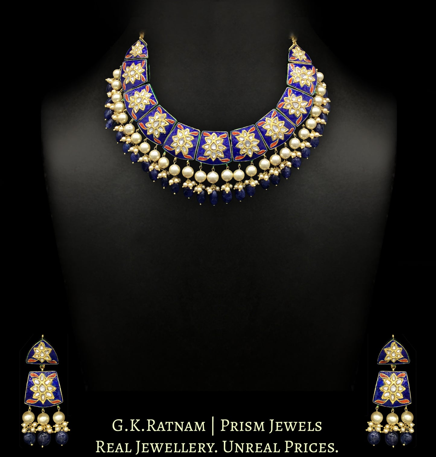 23k Gold and Diamond Polki royal blue meenakari Necklace Set with natural blue sapphires