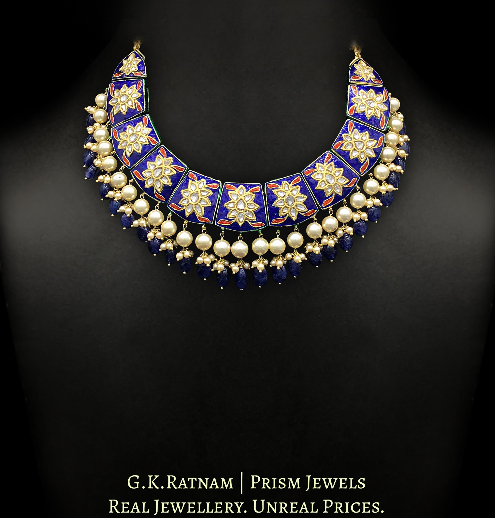 23k Gold and Diamond Polki royal blue meenakari Necklace Set with natural blue sapphires