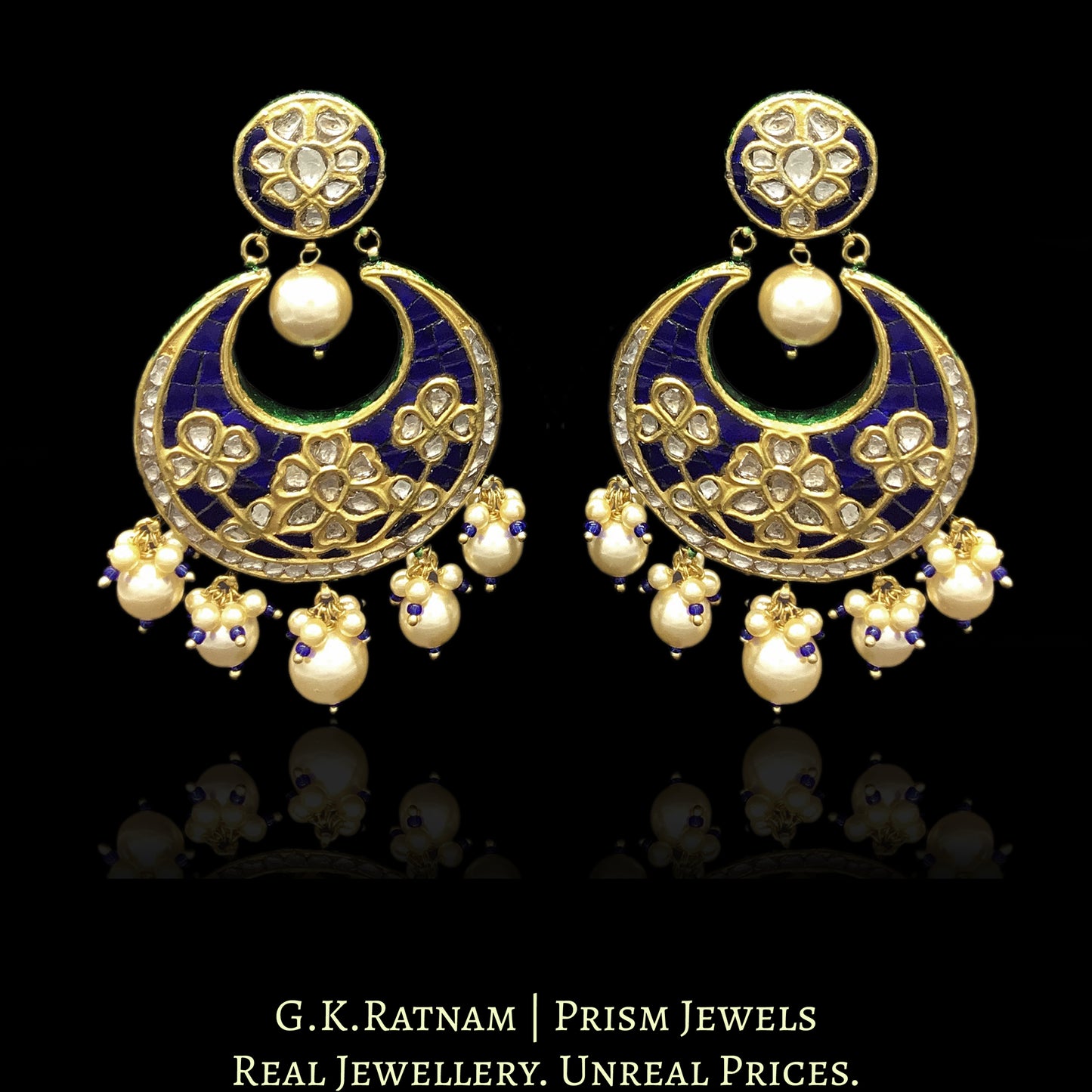 23k Gold and Diamond Polki Chand Bali Earring Pair with Blue stones set around uncuts - G. K. Ratnam