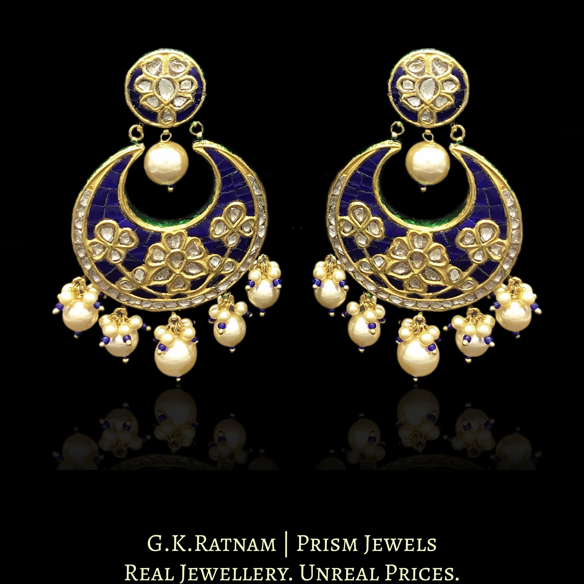 23k Gold and Diamond Polki Chand Bali Earring Pair with Blue stones set around uncuts - G. K. Ratnam