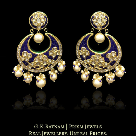 23k Gold and Diamond Polki Chand Bali Earring Pair with Blue stones set around uncuts - G. K. Ratnam