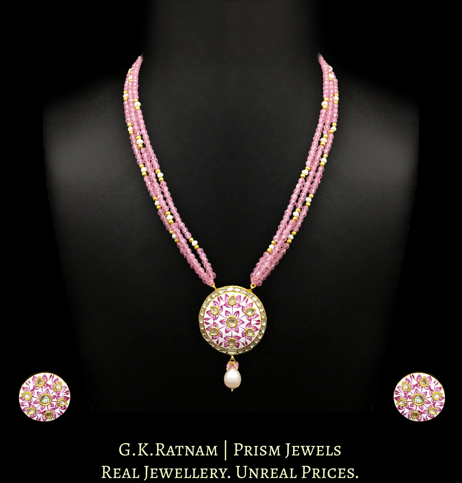 23k Gold and Diamond Polki round pink meenakari Pendant Set with pink zircons