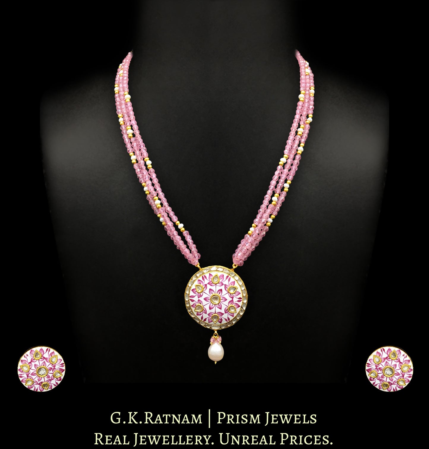 23k Gold and Diamond Polki round pink meenakari Pendant Set with pink zircons - G. K. Ratnam