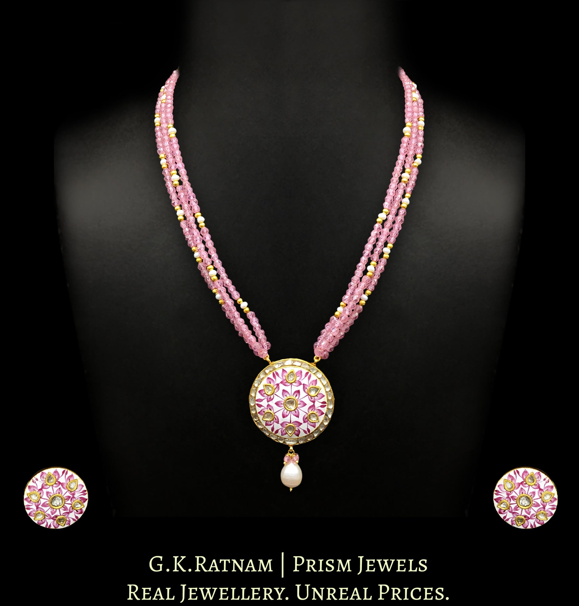 23k Gold and Diamond Polki round pink meenakari Pendant Set with pink zircons - G. K. Ratnam