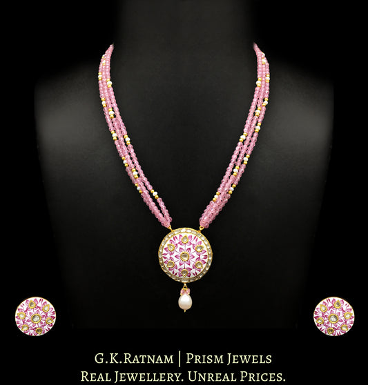 23k Gold and Diamond Polki round pink meenakari Pendant Set with pink zircons - G. K. Ratnam