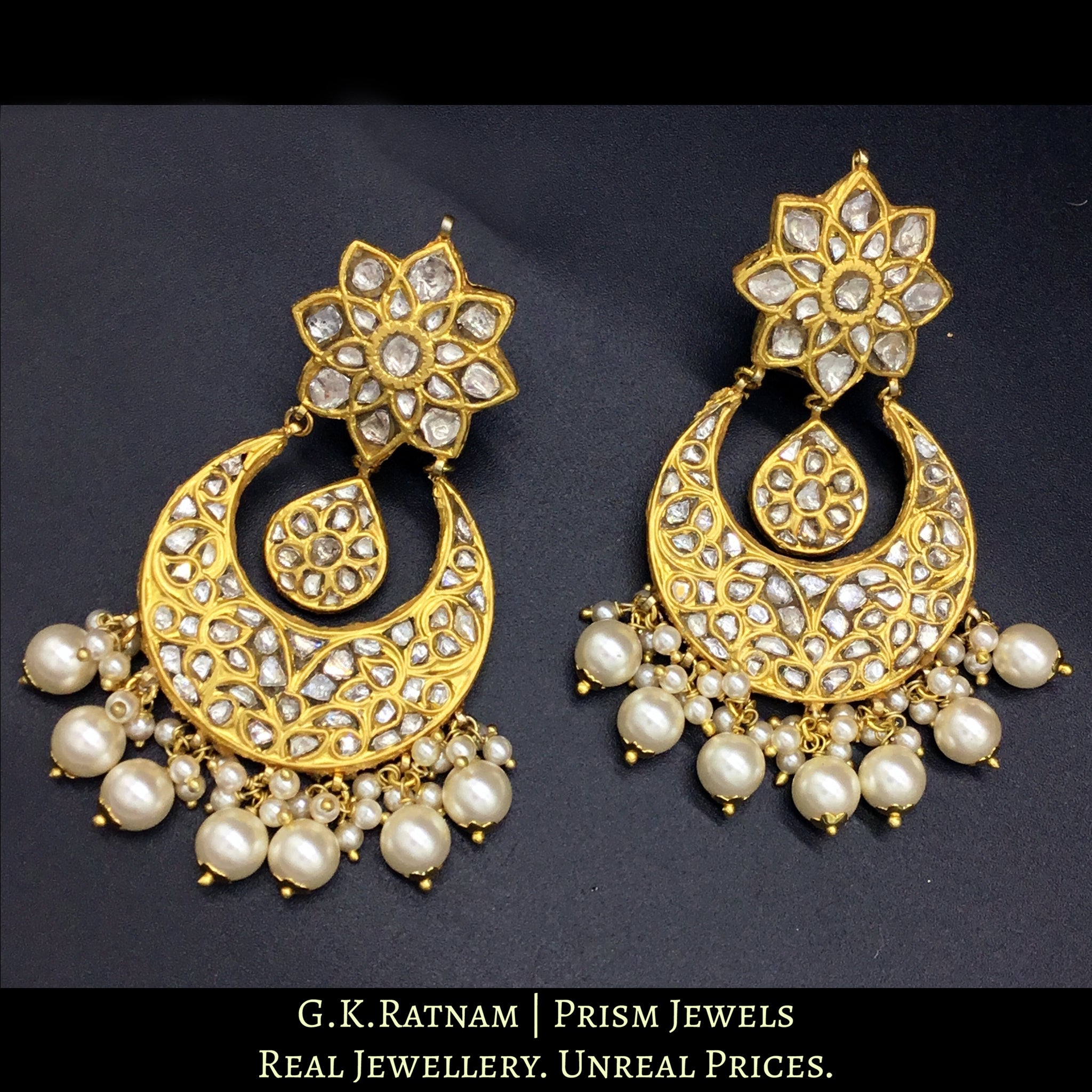 23k Gold and Diamond Polki Chand Bali Earring Pair with triple-coated shell pearls