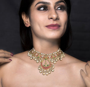 23k Gold And Diamond Polki south-style Necklace Set strung in Antiqued Freshwater Pearls