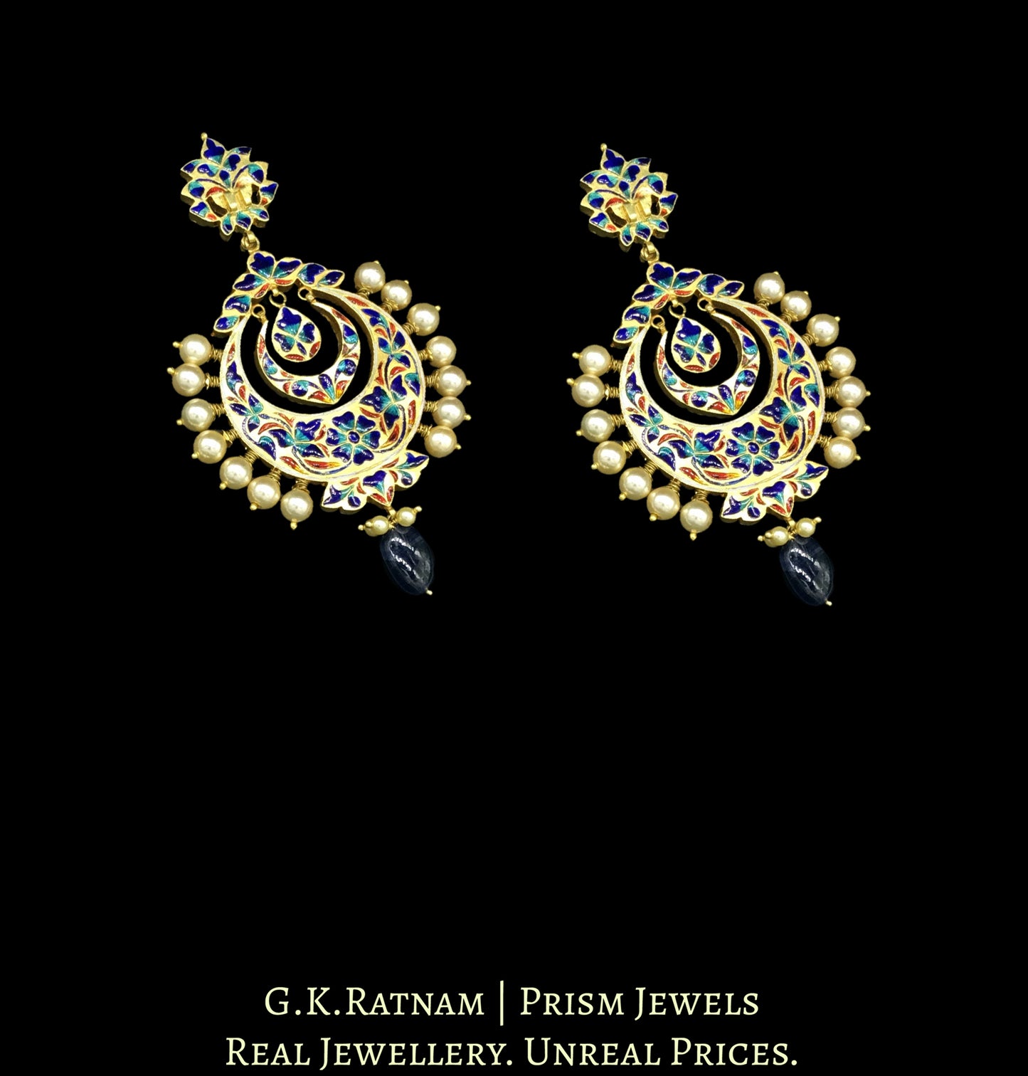 18k Gold and Diamond Polki Royal Blue enamel Chand Bali Earring Pair with pearl spikes - G. K. Ratnam