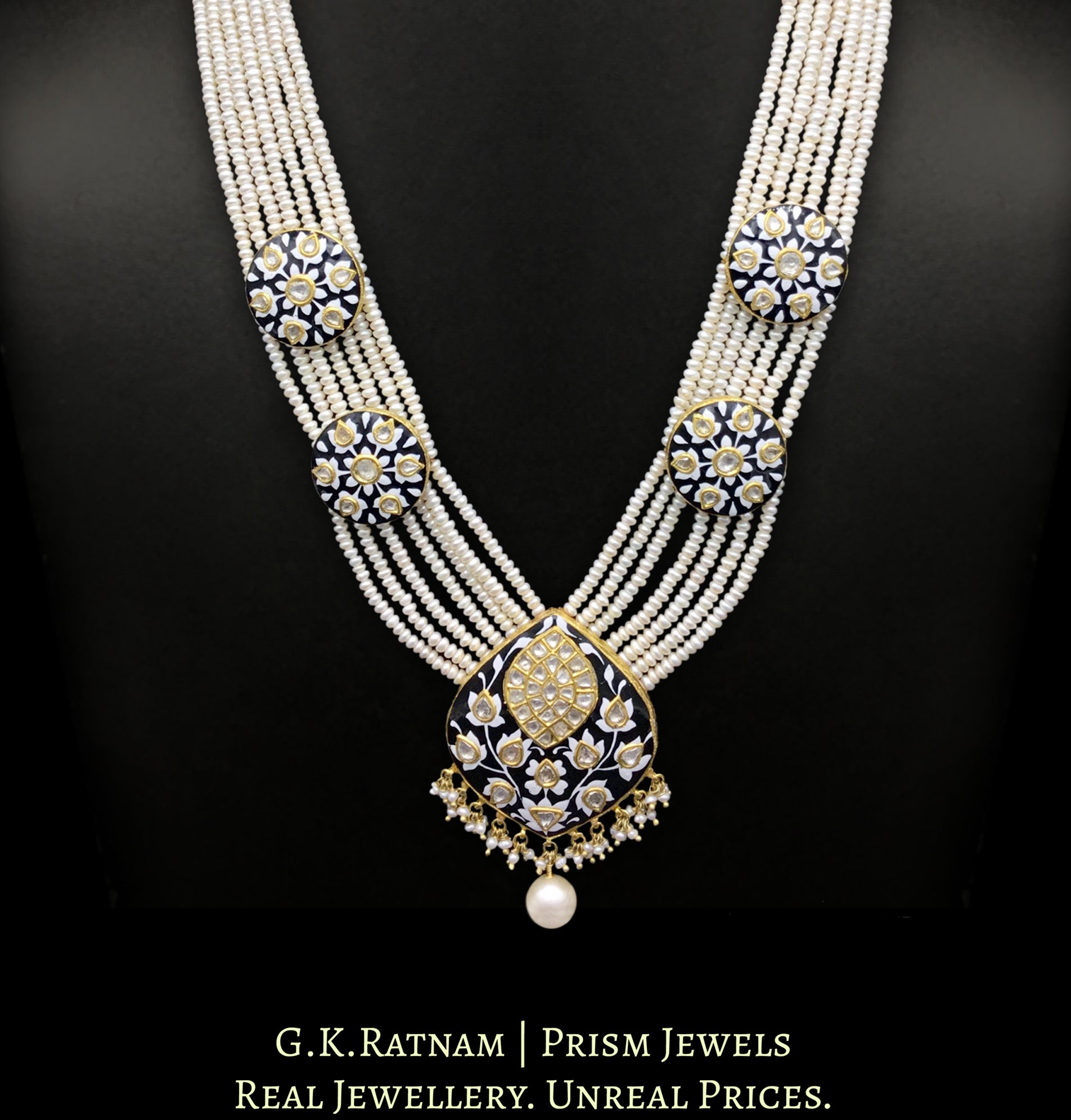 23k Gold and Diamond Polki Black Enamel Long Necklace with Natural Hyderabadi Pearls