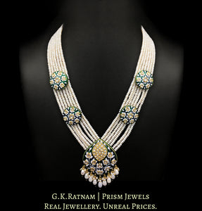 23k Gold and Diamond Polki Green Enamel Long Necklace with Natural Hyderabadi Pearls