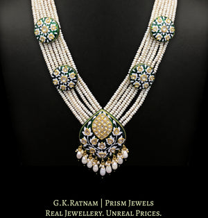 23k Gold and Diamond Polki Green Enamel Long Necklace with Natural Hyderabadi Pearls