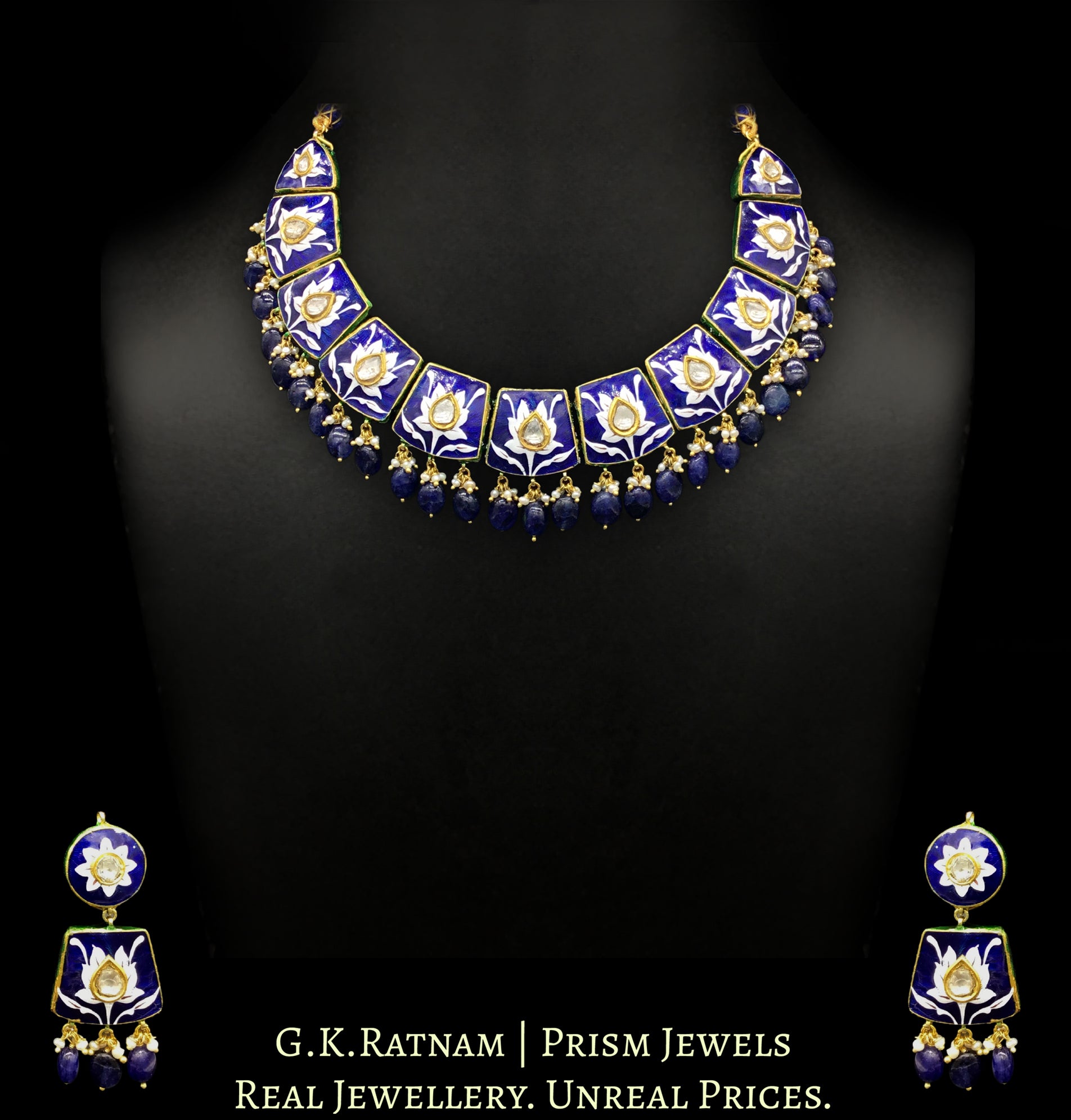 23k Gold and Diamond Polki Necklace Set with exquisite blue pottery and natural blue sapphires