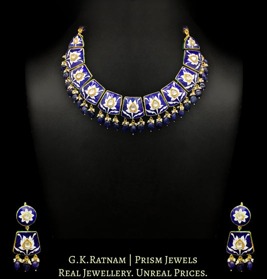 23k Gold and Diamond Polki Necklace Set with exquisite blue pottery and natural blue sapphires
