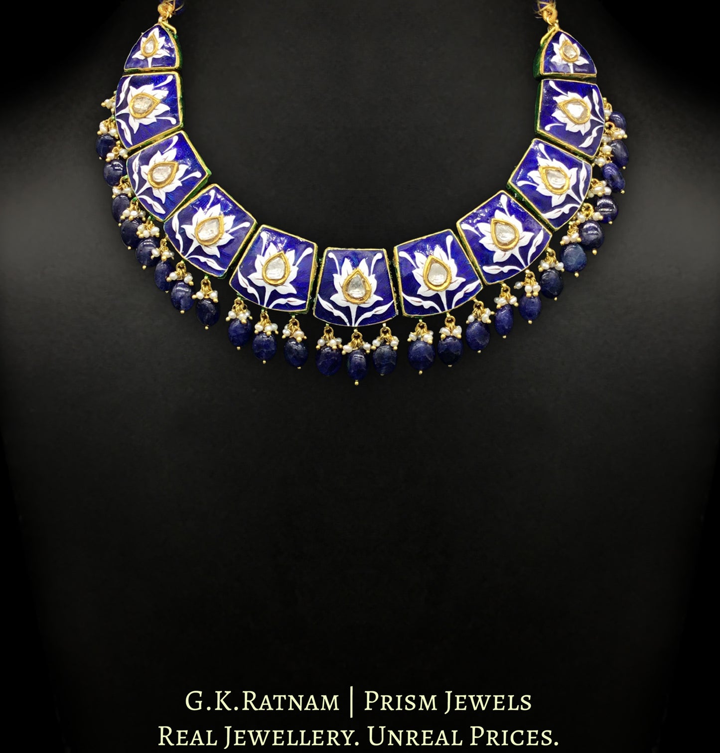 23k Gold and Diamond Polki Necklace Set with exquisite blue pottery and natural blue sapphires