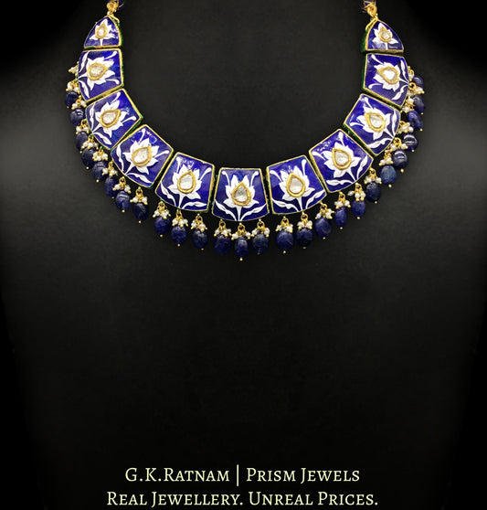 23k Gold and Diamond Polki Necklace Set with exquisite blue pottery and natural blue sapphires