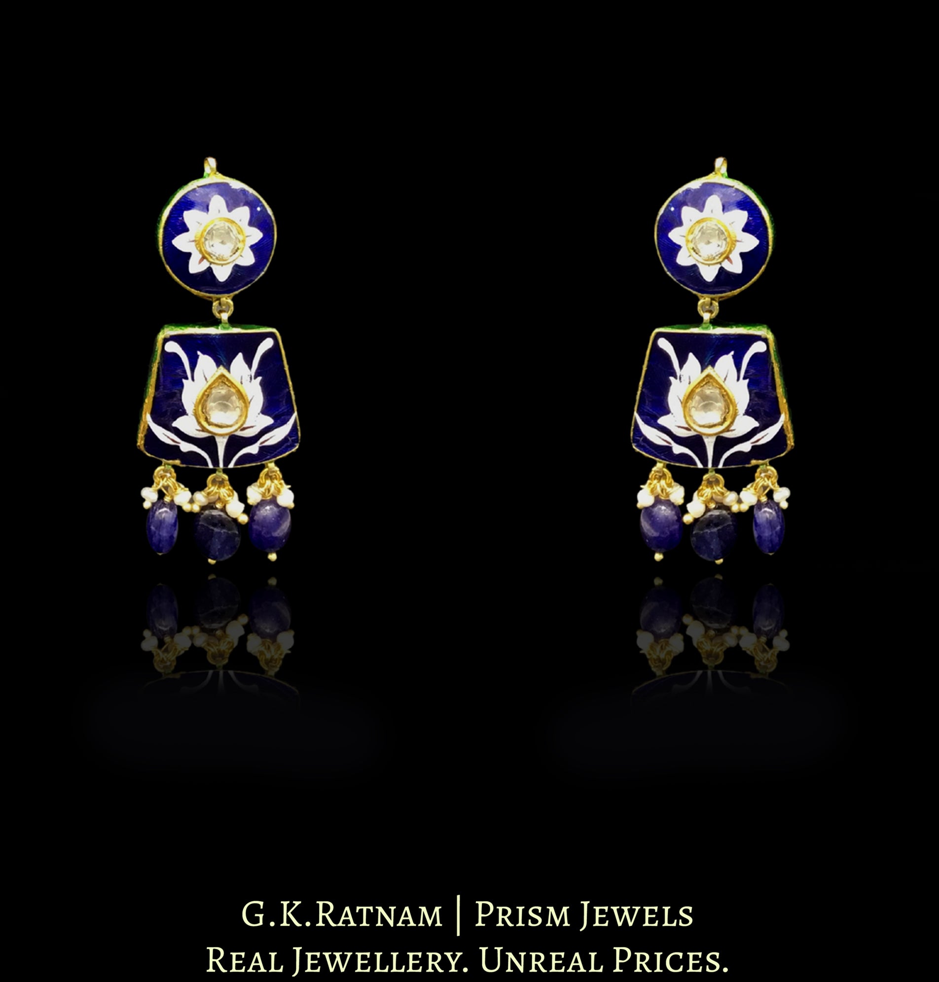 23k Gold and Diamond Polki Necklace Set with exquisite blue pottery and natural blue sapphires