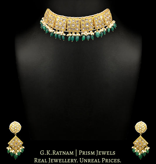 23k Gold and Diamond Polki square-pieces Choker Necklace Set with emerald-grade beryls