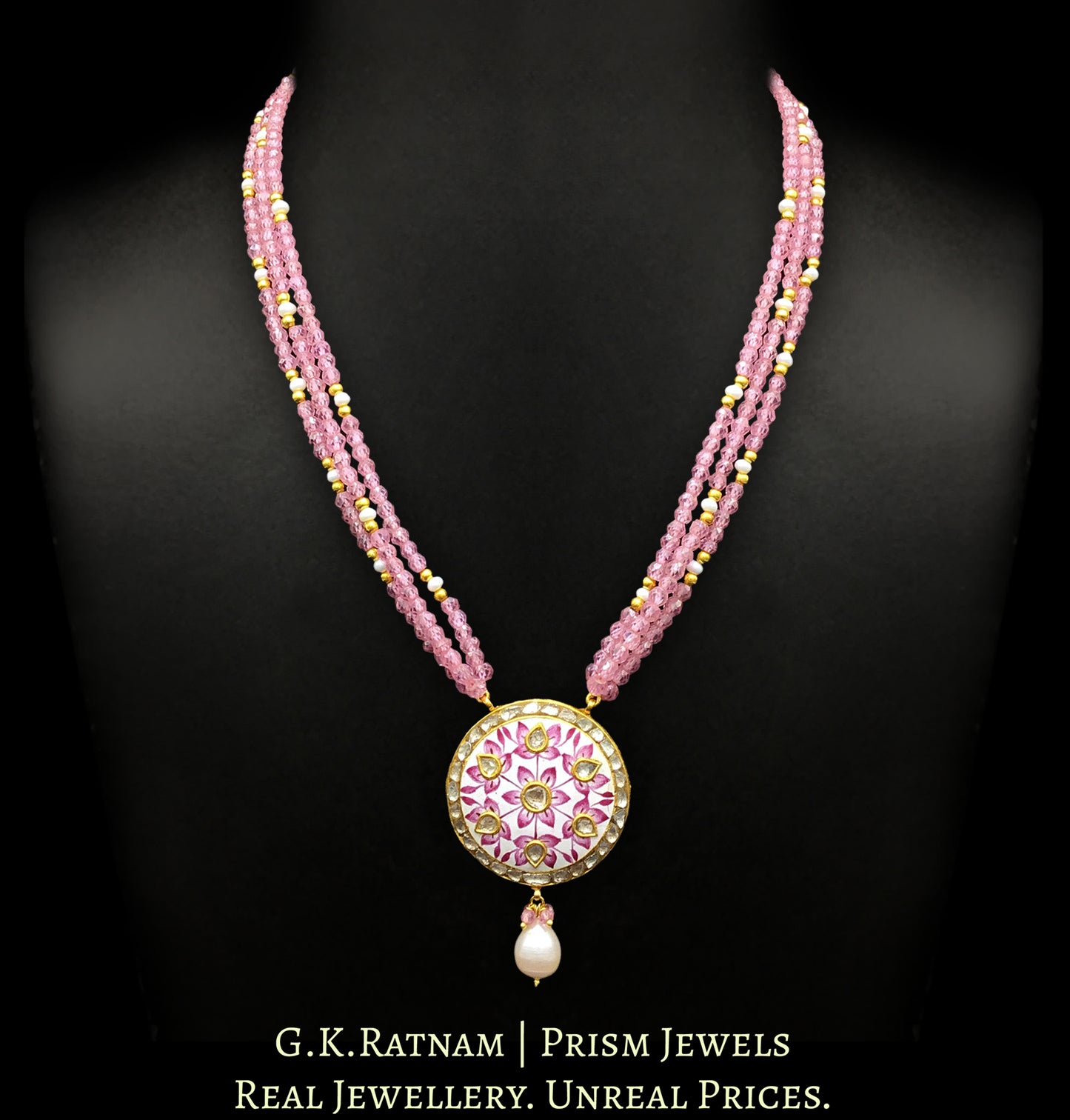 23k Gold and Diamond Polki round pink meenakari Pendant Set with pink zircons - G. K. Ratnam