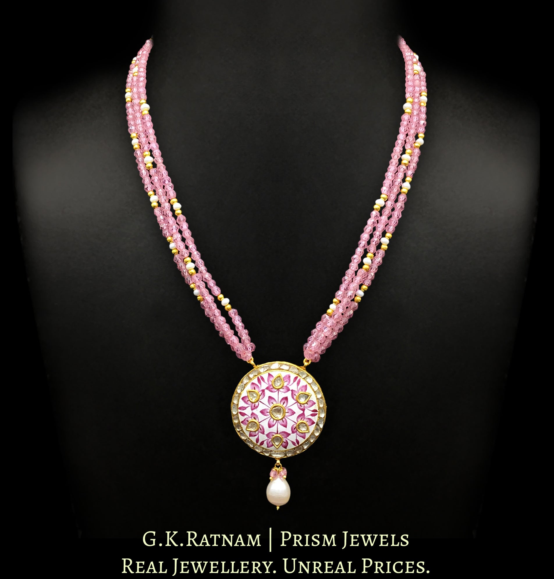 23k Gold and Diamond Polki round pink meenakari Pendant Set with pink zircons - G. K. Ratnam