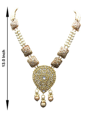 18k Gold and Diamond Polki pear-shaped Pendant strung with pearls and hand-carved golden elements - G. K. Ratnam
