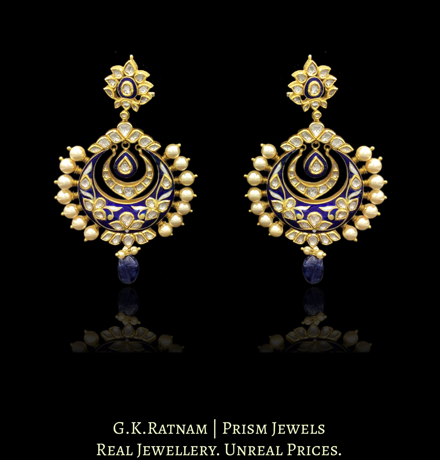 18k Gold and Diamond Polki Royal Blue enamel Chand Bali Earring Pair with pearl spikes - G. K. Ratnam