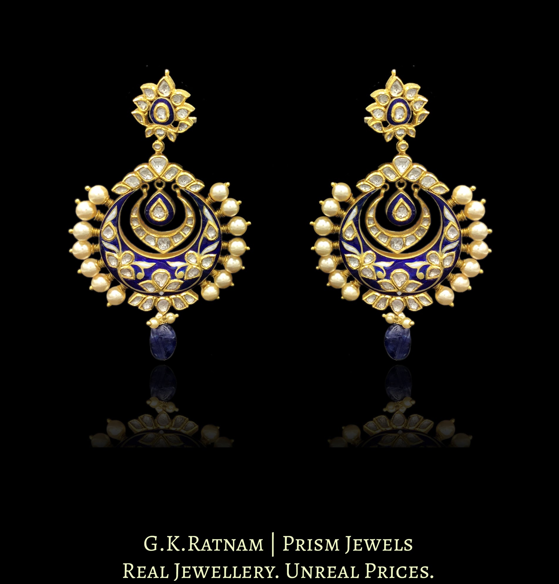 18k Gold and Diamond Polki Royal Blue enamel Chand Bali Earring Pair with pearl spikes - G. K. Ratnam