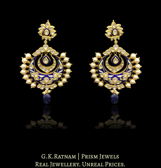 18k Gold and Diamond Polki Royal Blue enamel Chand Bali Earring Pair with pearl spikes - G. K. Ratnam