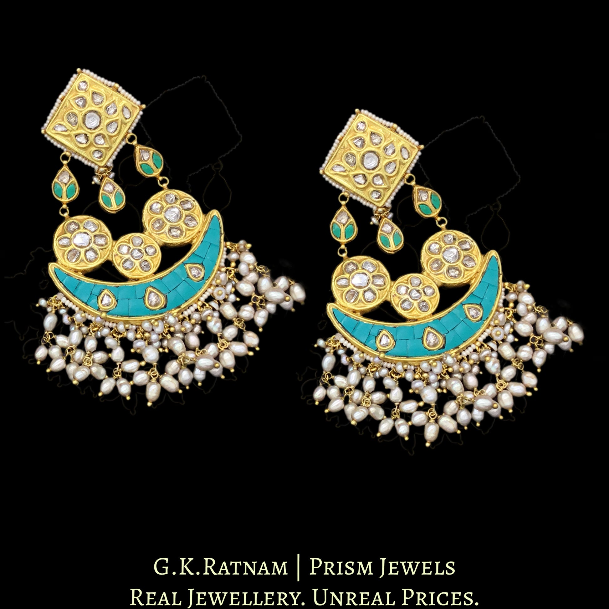 23k Gold and Diamond Polki Chandelier Earring Pair with Turquoise - G. K. Ratnam