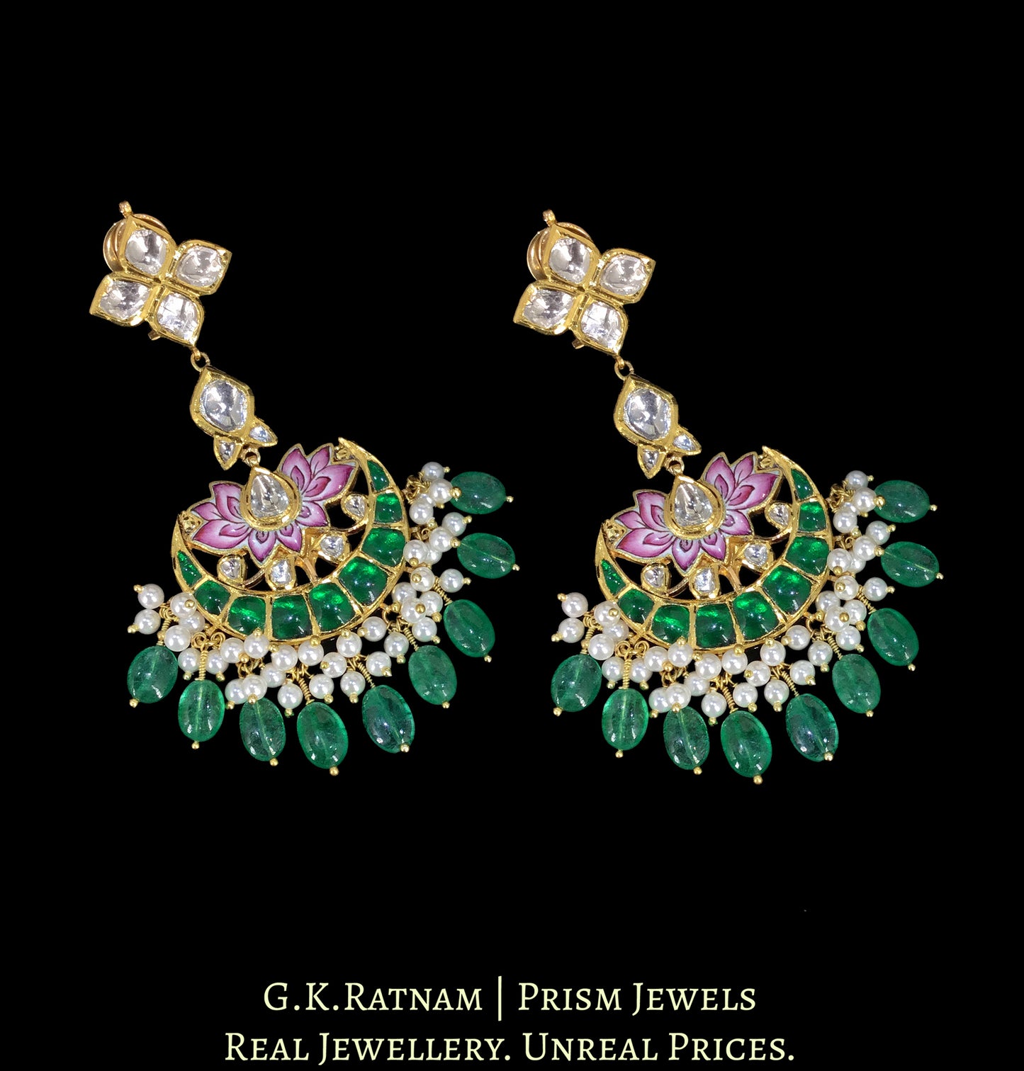 18k Gold and Diamond Polki Long Earring Pair with intricate Pink Enamelling