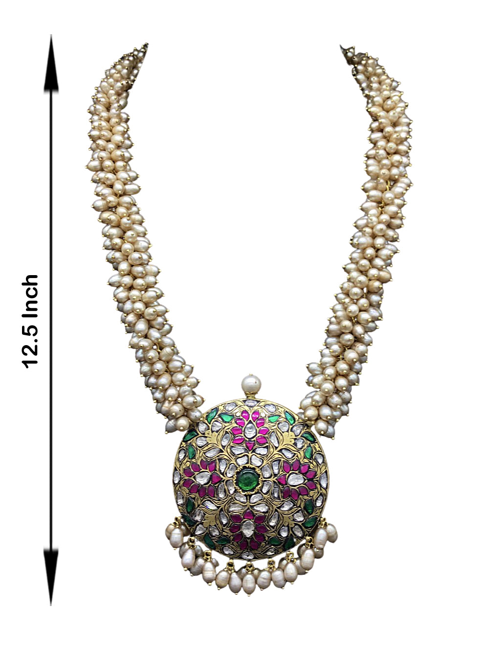 22k Gold and Diamond Polki Reversible Pendant with Antiqued Freshwater Pearl Chains