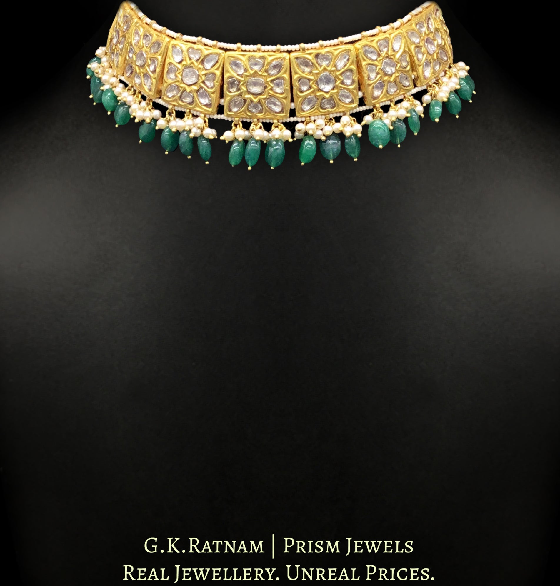 23k Gold and Diamond Polki square-pieces Choker Necklace Set with emerald-grade beryls
