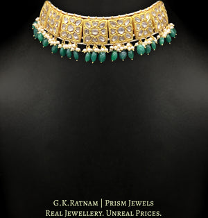 23k Gold and Diamond Polki square-pieces Choker Necklace Set with emerald-grade beryls