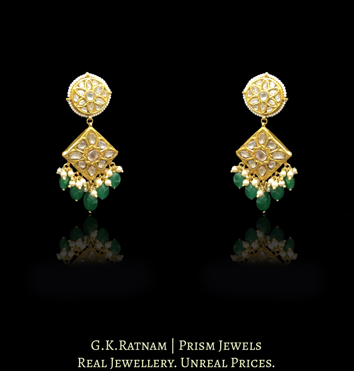 23k Gold and Diamond Polki square-pieces Choker Necklace Set with emerald-grade beryls