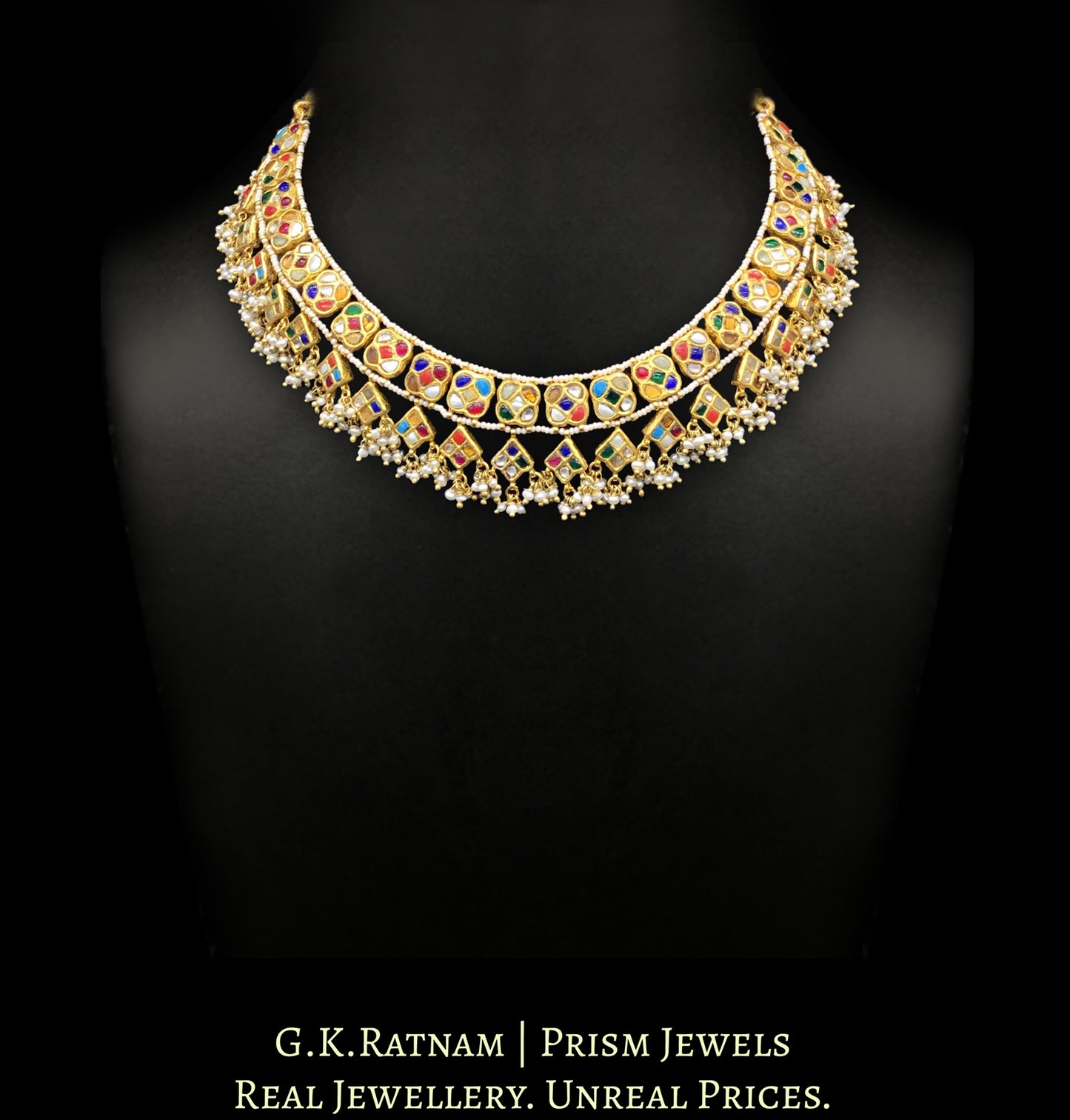 23k Gold and Diamond Polki Navratna Necklace with Natural Freshwater Pearl Clusters