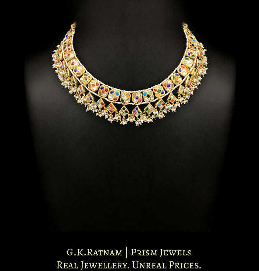 23k Gold and Diamond Polki Navratna Necklace with Natural Freshwater Pearl Clusters