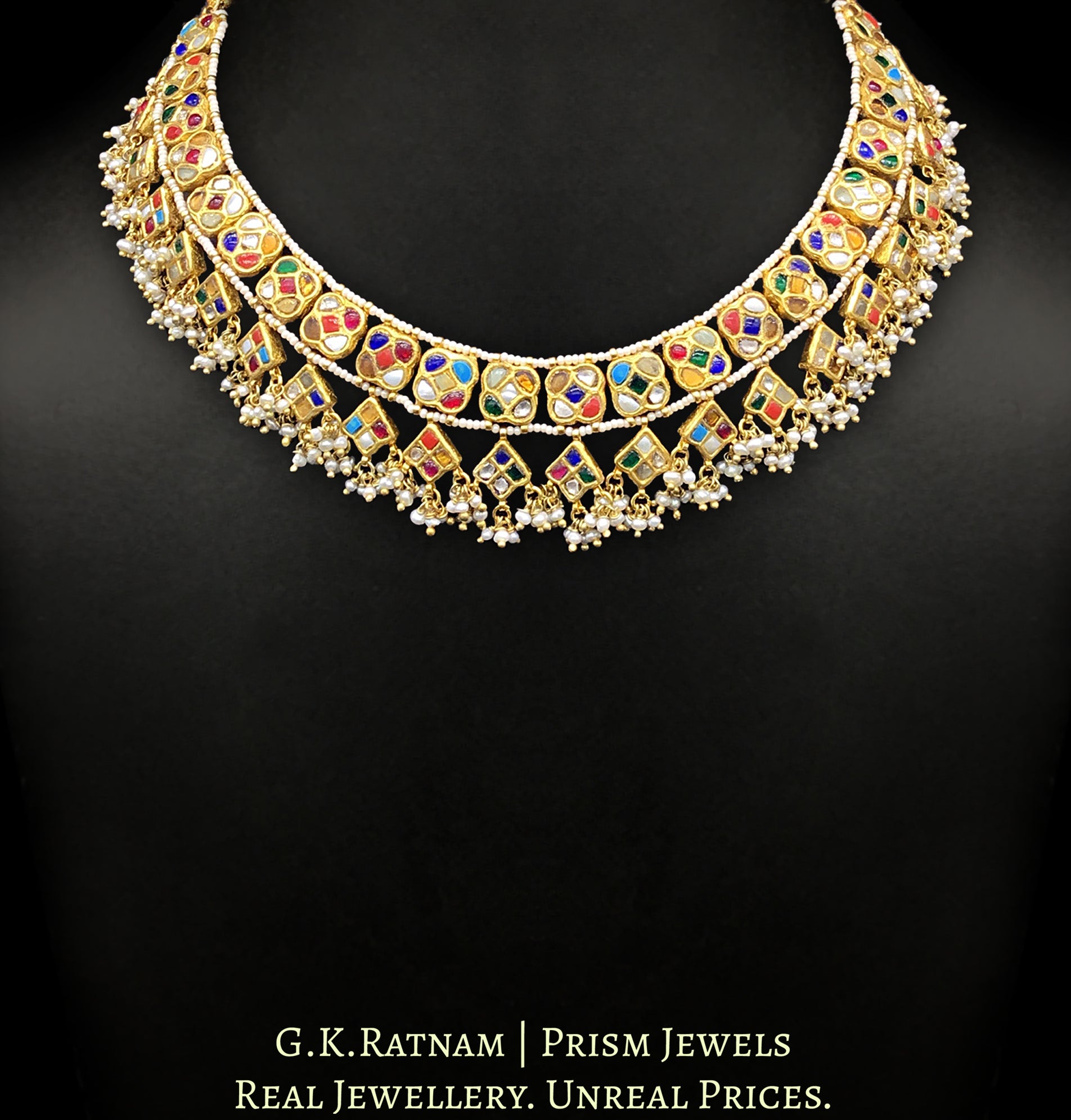 23k Gold and Diamond Polki Navratna Necklace with Natural Freshwater Pearl Clusters