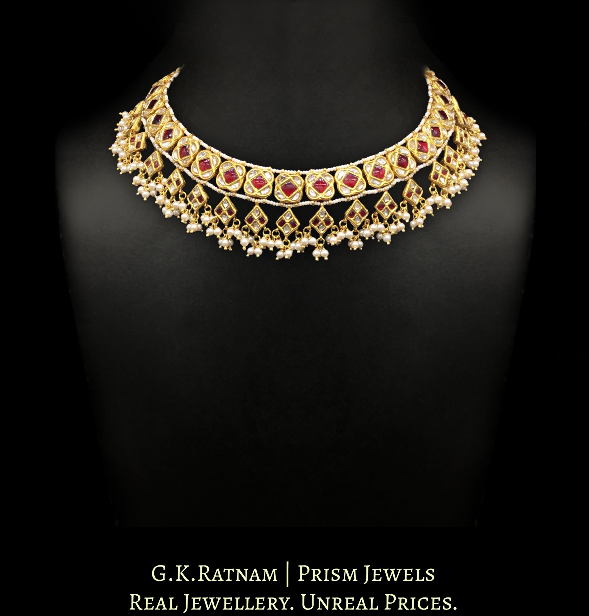 23k Gold and Diamond Polki Necklace with ruby-red stones and lustrous pearls