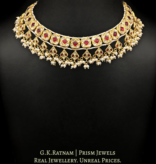 23k Gold and Diamond Polki Necklace with ruby-red stones and lustrous pearls