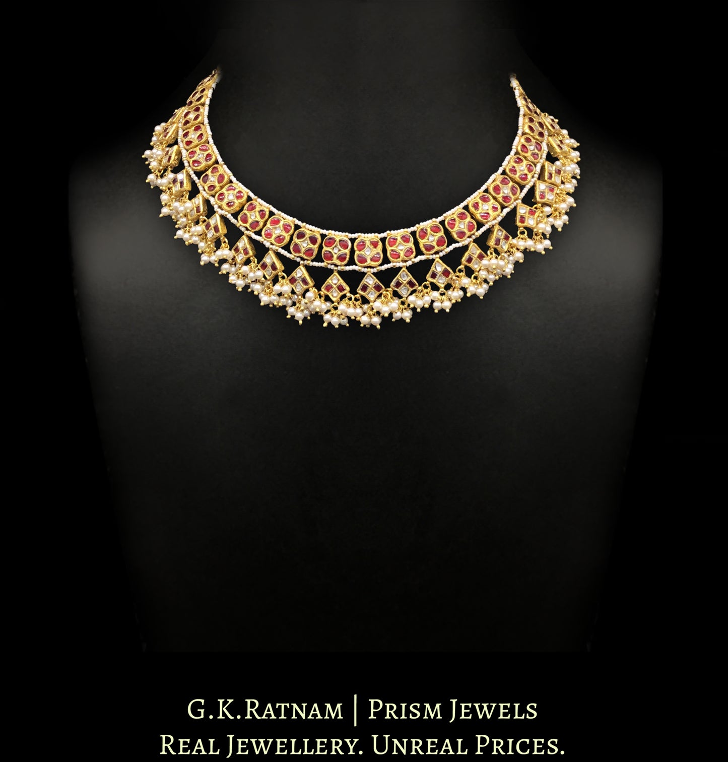 23k Gold and Diamond Polki Necklace with ruby-red stones - G. K. Ratnam