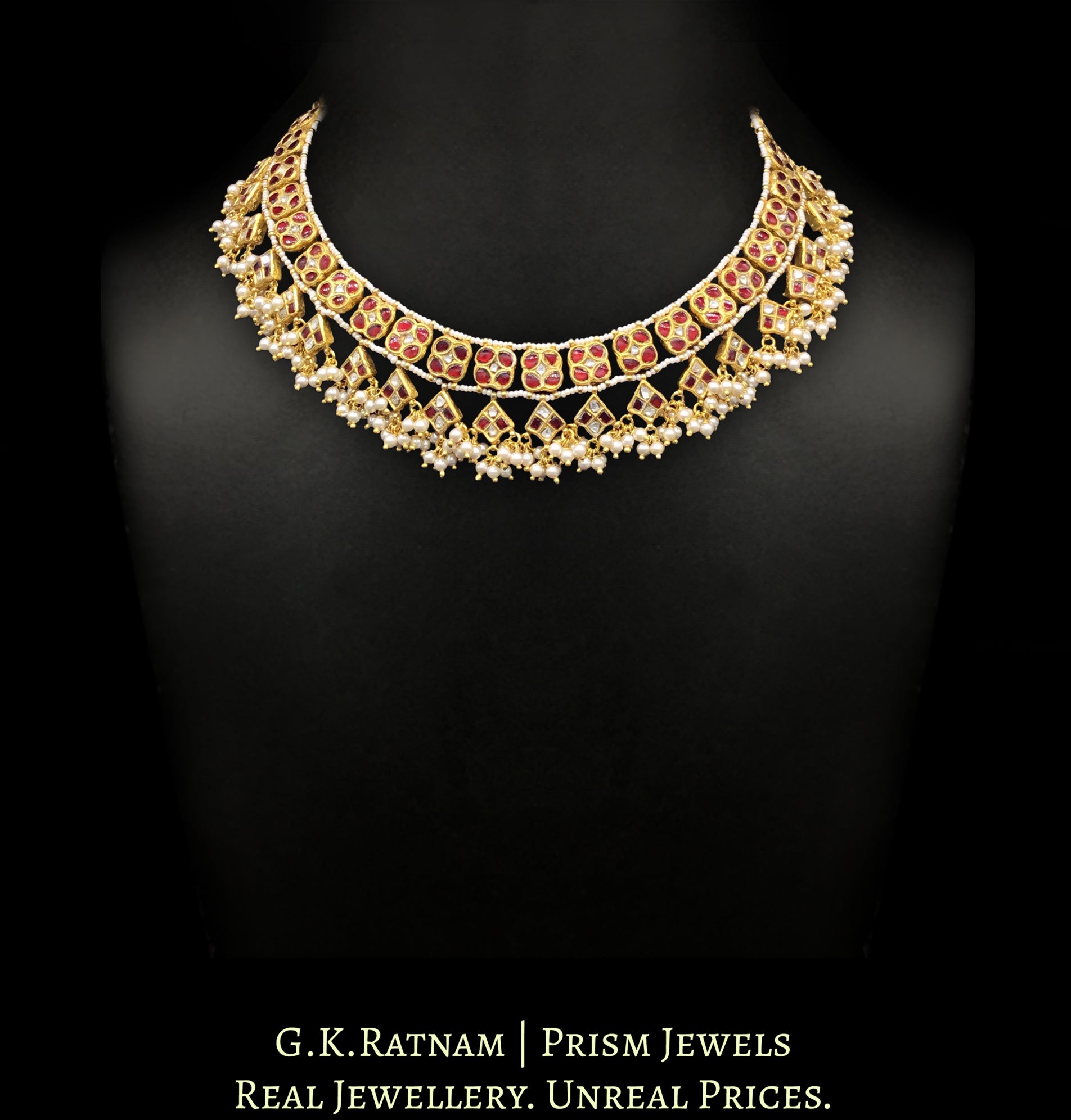23k Gold and Diamond Polki Necklace with ruby-red stones - G. K. Ratnam