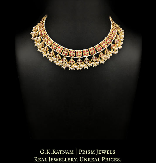 23k Gold and Diamond Polki Necklace with ruby-red stones - G. K. Ratnam