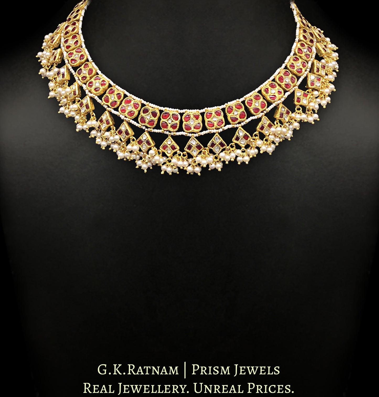 23k Gold and Diamond Polki Necklace with ruby-red stones - G. K. Ratnam