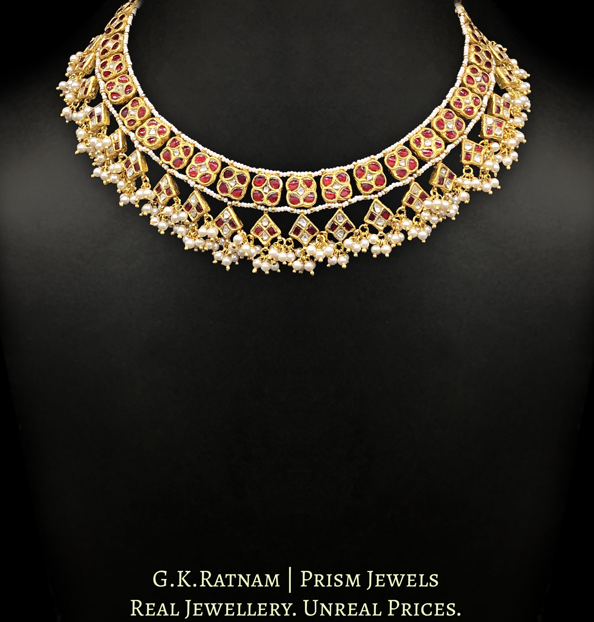 23k Gold and Diamond Polki Necklace with ruby-red stones - G. K. Ratnam