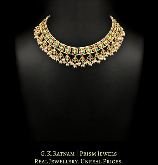 23k Gold and Diamond Polki Necklace set with ruby-red and emerald-green stones